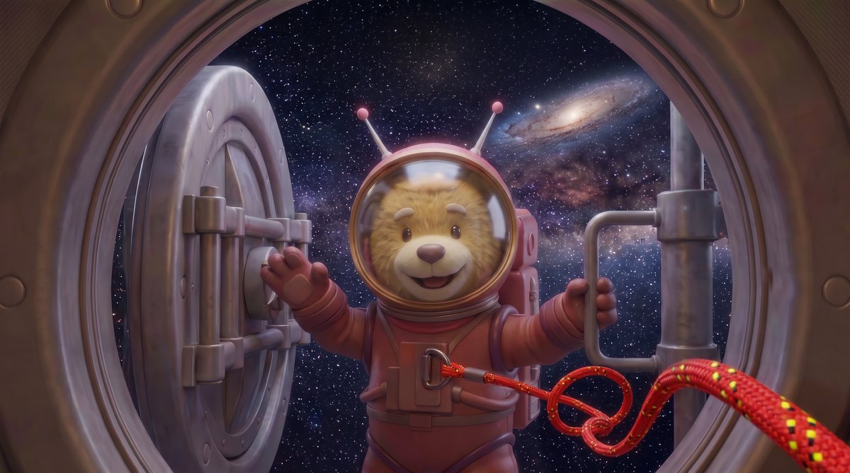 Ertle at the spacecraft airlock with a galaxy visible through the open door