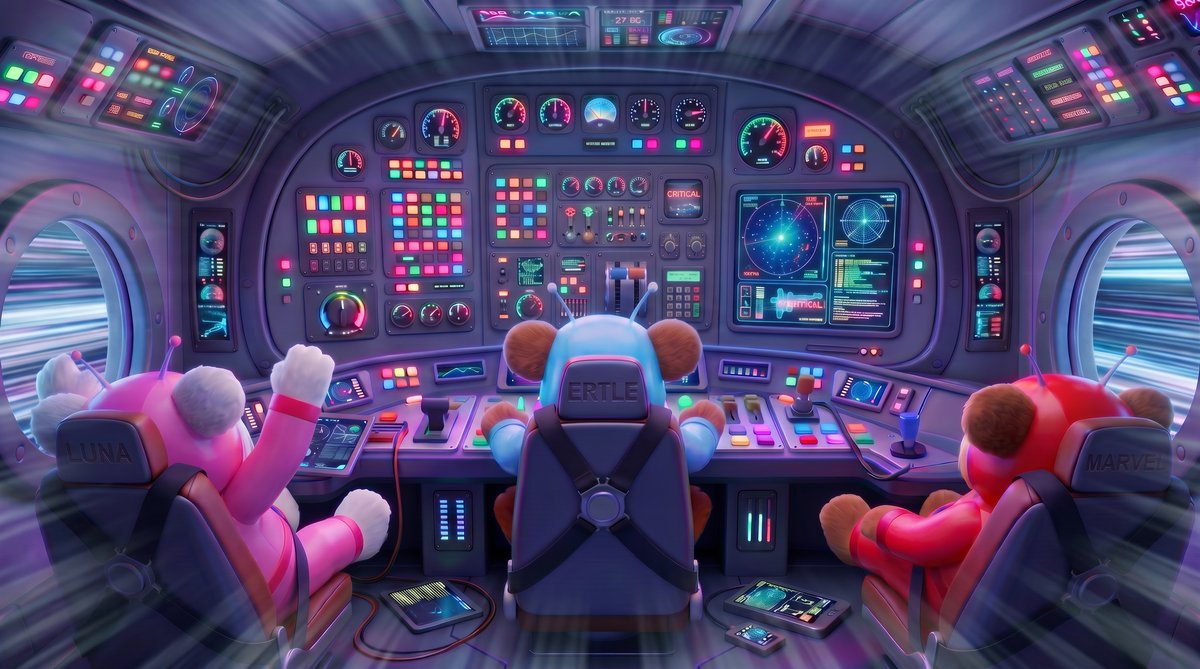 Ertle, Luna, and Marvel seated at the cockpit controls of the Cosmic Cubs spacecraft