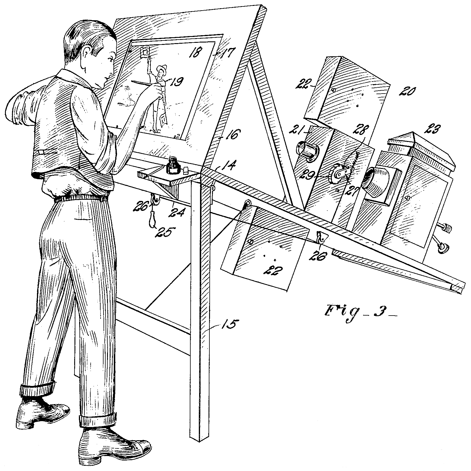 1915 patent drawing showing an animator working from projected live-action footage with Max Fleischer's rotoscope