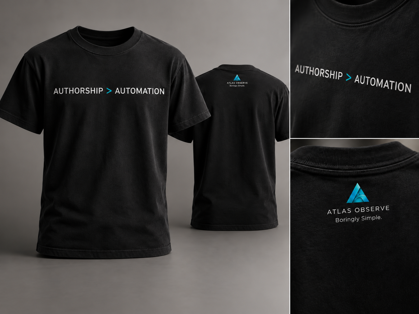Front and back details of the Atlas Observe Authorship greater than Automation founding shirt.