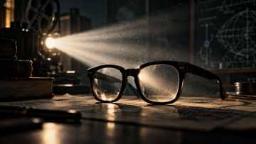 Thick black glasses on a desk pierced by a projector beam in a dark cinematic room.
